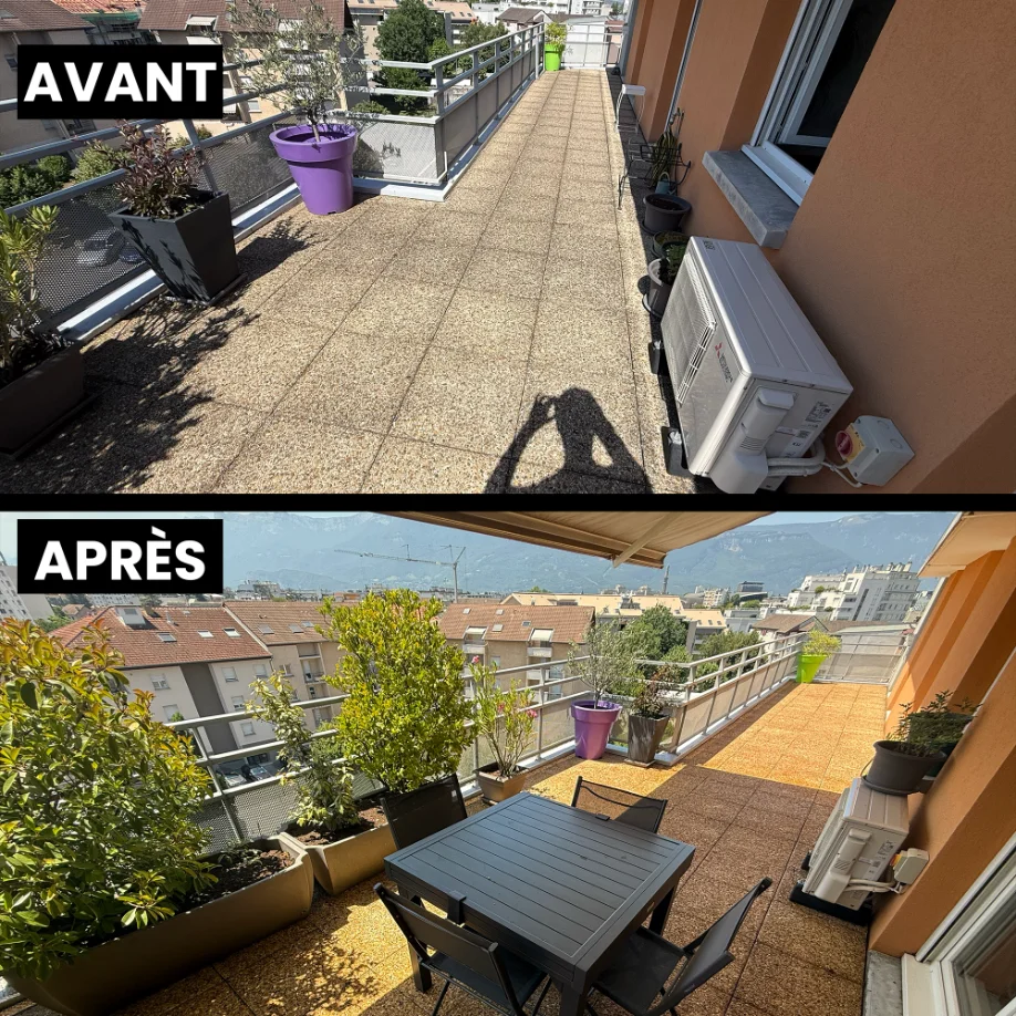 Avant — Terrasse en pierre envahie de mousse